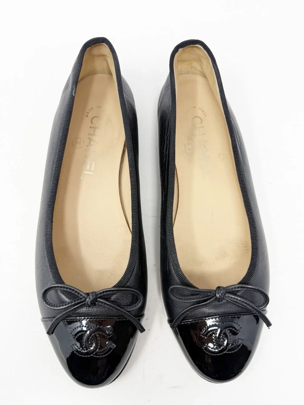 Chanel CC Cap Toe Leather Ballet Flats Black Womens EU 37.5